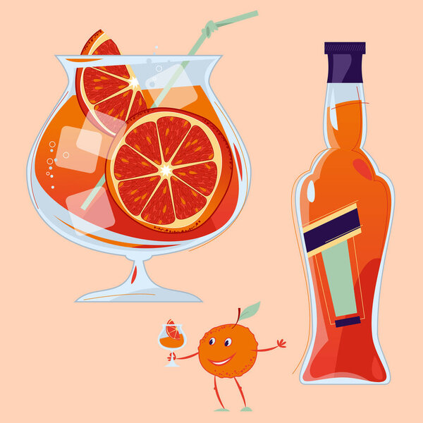 Aperol Spritz cocktail with a slice of orange. Small orange holds a glass with a cocktail. Traditional summer drink. Vector illustration