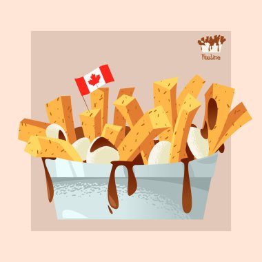 Quisine of Quebec. Poutine: dish consisting of French fries and cheese curds topped with a brown gravy. clipart