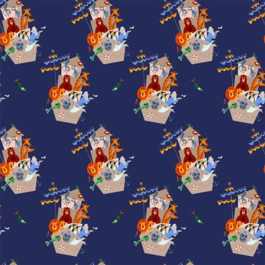 Çeşitli hayvan çiftleriyle Nuh 'un gemisi (maymun, ayı, zürafa, aslan, penguen, timsah, koala, kaz, güvercin, yengeç). Kusursuz arkaplan deseni
