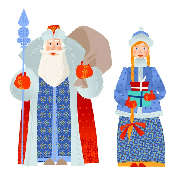 Russische Kerst Ded Moroz Grootvader Frost Snegurochka Sneeuwmaagd Met Cadeautjes — Stockvector