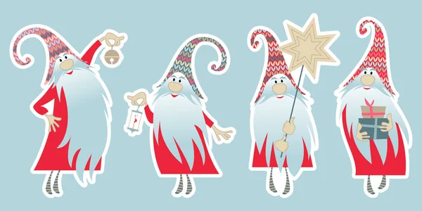 斯堪的纳维亚圣诞传统 有四只五颜六色的侏儒和礼物 铃铛和一颗圣诞星的贴纸 矢量说明 — 图库矢量图片