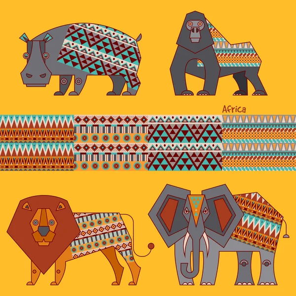 Set Animali Africani Ippopotamo Leone Elefante Gorilla Stile Geometrico — Vettoriale Stock