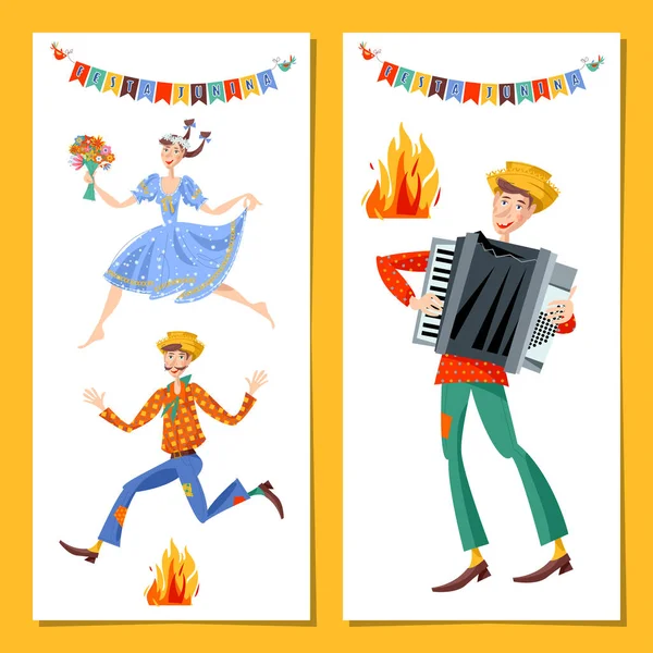 Two Greeting Cards Brazilian Holiday Festa Junina June Party Couple — Stock Vector