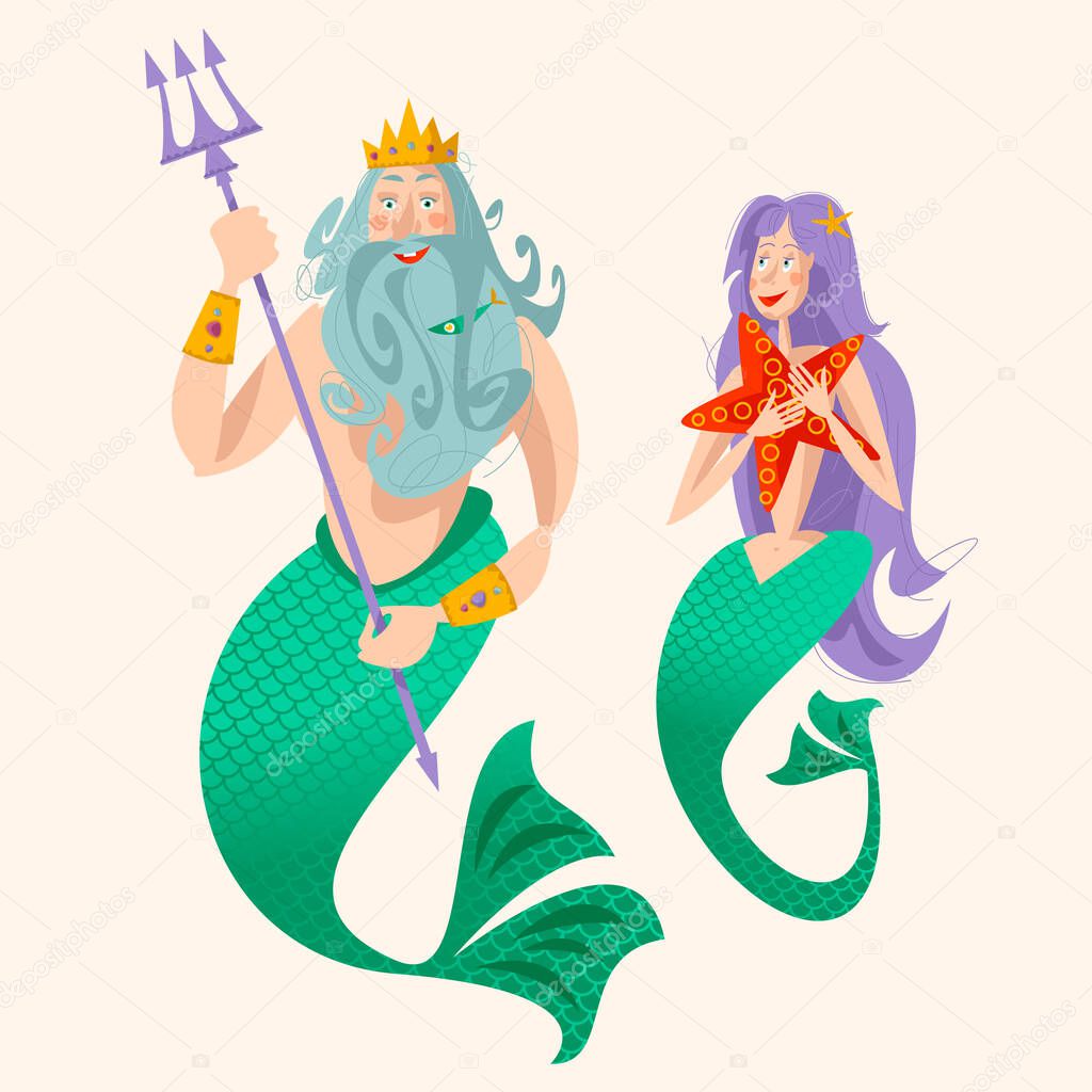 God of freshwater, sea and ocean Neptune (Poseidon) and a mermaid. 