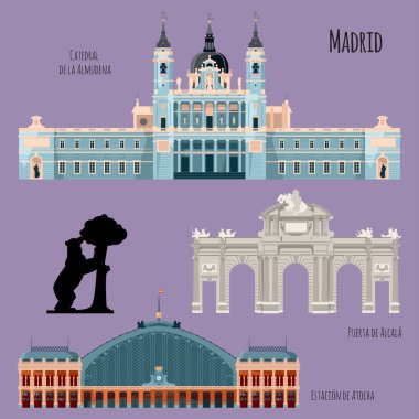 Madrid, İspanya manzarası. Almudena Katedrali, Tren İstasyonu Atocha, Alcala Kapısı, Ayı Heykeli ve Çilek Ağacı. 
