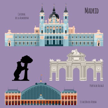 Sights of Madrid, Spain. Almudena Cathedral, Railway station Atocha, Alcala Gate, Statue of the Bear and the Strawberry Tree.  clipart