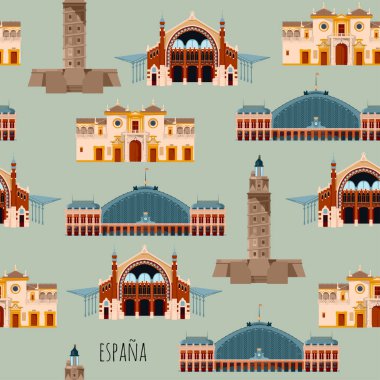 İspanya manzarası. Madrid, Atocha tren istasyonu, A Coruna, Hercules Kulesi, Seville, Bullring Maestranza, Valencia, Columbus Pazarı. Kusursuz arkaplan deseni. 