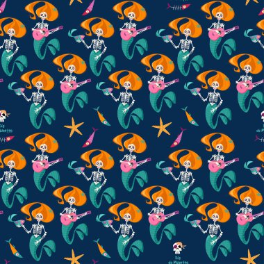 Seamless background pattern with Skeletons of Mermaids. Dia de Muertos (Day of the Dead). Mexican tradition. clipart