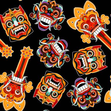 Geleneksel Barong Maskeleri (panter benzeri yaratık). Bali, Endonezya. Kusursuz arkaplan deseni.