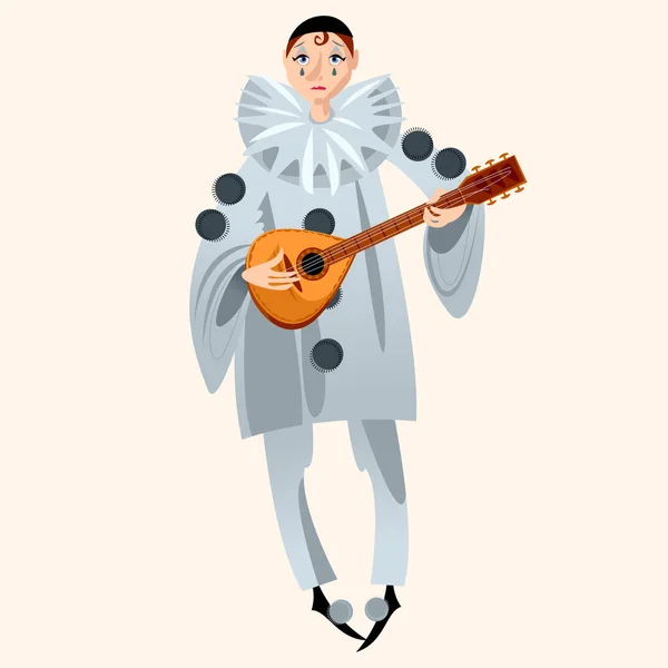 Pierrot Playing Mandolin Haracter Italian Commedia Del Larte — Stock Vector