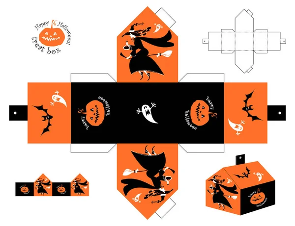 Szczęśliwego Pudełka Halloween Czarownica Trzymająca Magiczny Eliksir Latający Miotle Wytnij — Wektor stockowy