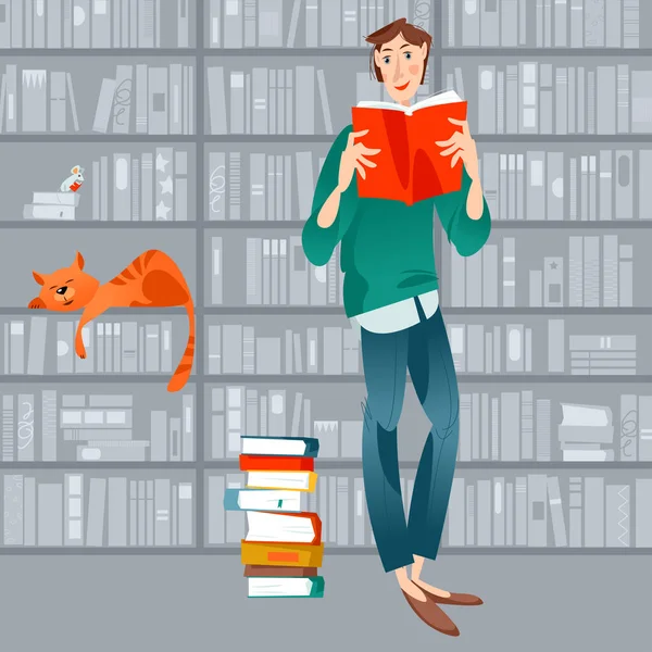 Junge Liest Buch Bibliothek Tag Der Alphabetisierung — Stockvektor