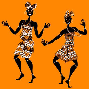 Afrika ritüel dansı. Geleneksel kostümlü iki dansçı kadın.. 