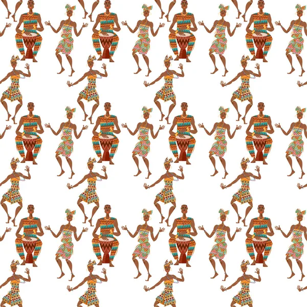 Baile Ritual Africano Hombre Toca Tambor Tradicional Las Mujeres Bailan — Vector de stock