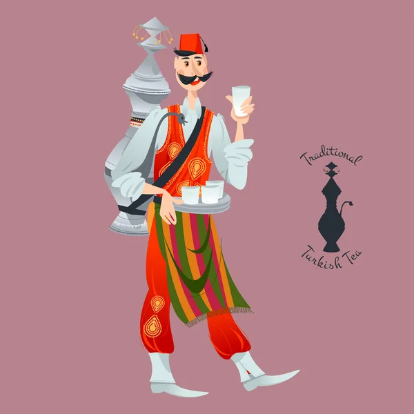 Turkse Straatverkoper Folk Kostuum Verkoopt Traditionele Drank Warme Thee Sherbet — Stockvector