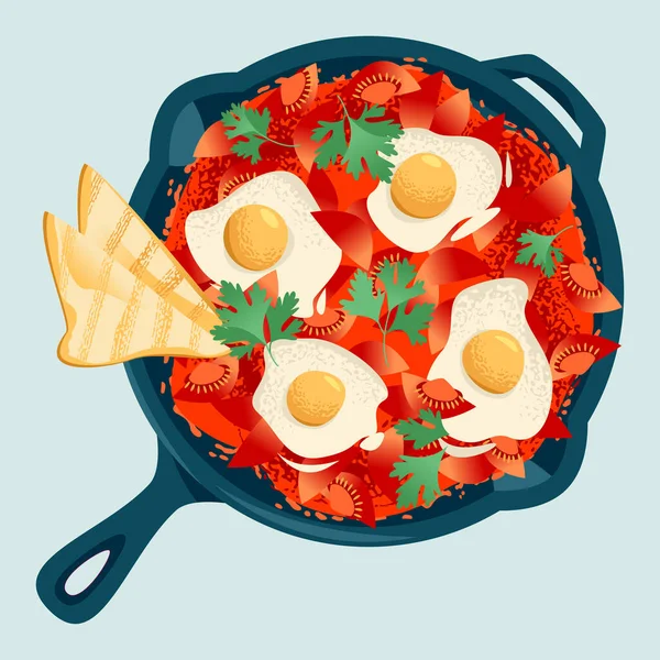 Shakshuka Dish Made Poached Eggs Tomato Sauce Served Cast Iron — Stock Vector