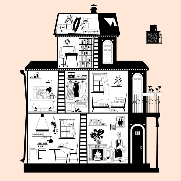 Querschnitt Durch Ein Privathaus Detaillierte Innenausstattung Der Zimmer Schwarz Weiß — Stockvektor
