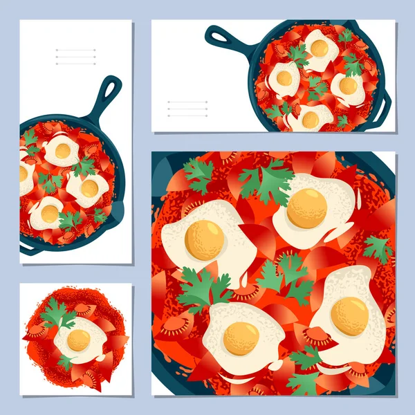 Set Universal Cards Shakshuka Traditional Middle Eastern North African Dish — Stock Vector