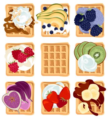Çeşitli malzemelerle geleneksel Belçika waffle 'ları.. 