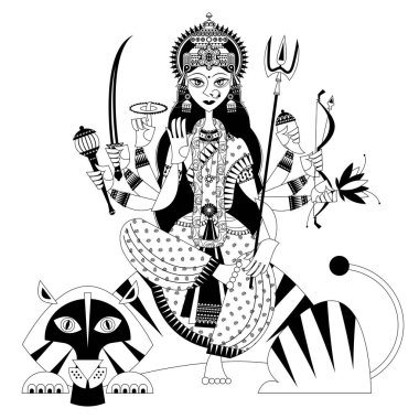 Hint sonbahar festivali Navratri. Durga Puja. Tanrıça Durga. Siyah ve beyaz.