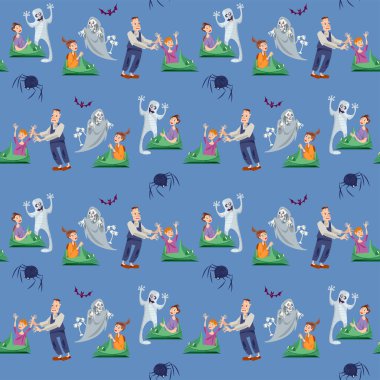 Hayalet trene binen çocuklar. Korkunç canavarlar. Perili ev. Kusursuz arkaplan deseni. 