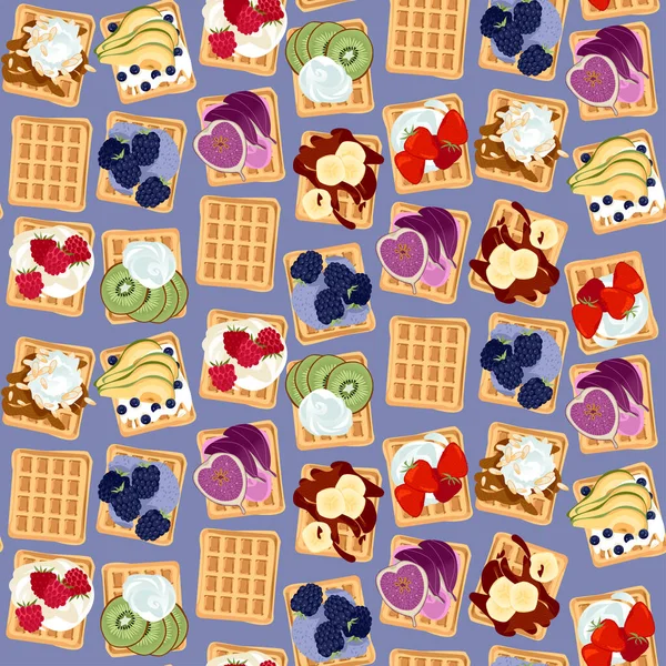 Traditional Belgian Waffles Variety Toppings Seamless Background Pattern — Stock Vector