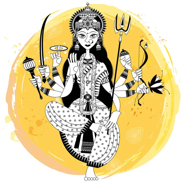 Индийский Осенний Фестиваль Навратри Дурга Пуджа Богиня Дурга Черное Белое — стоковый вектор