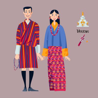 Bhutan. Geleneksel ulusal giysili çift.