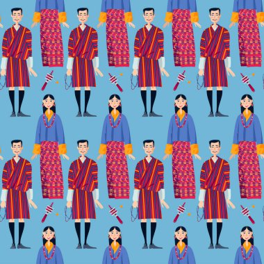Bhutan. Geleneksel ulusal kıyafetleri olan bir çift. Kusursuz arkaplan deseni.