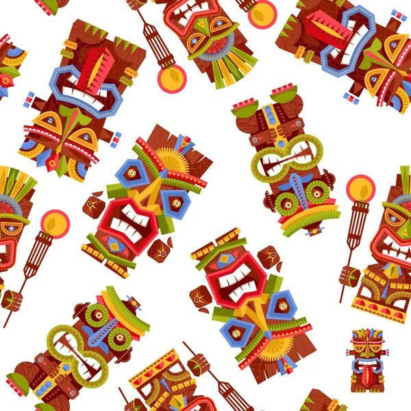 Mnohobarevné Tiki Totemové Tyče Havaj Bezproblémové Pozadí Vzor — Stockový vektor