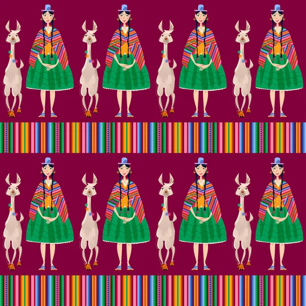 Mujer Boliviana Con Ropa Tradicional Lama Alpaca Patrón Fondo Sin — Vector de stock