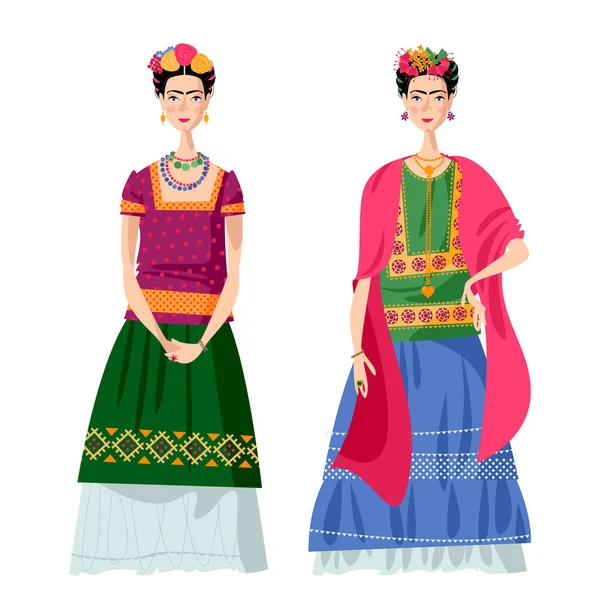 Two Mexican Girls Costumes Frida Kahlo Style — Stock Vector