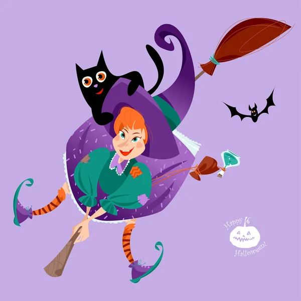Een Kleine Heks Een Bezem Met Een Kat Gelukkige Halloween — Stockvector
