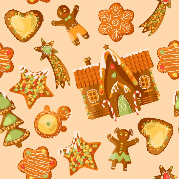 Gingerbread House Festive Gingerbread Cookies Christmas Tradition Seamless Background Pattern — Stock Vector