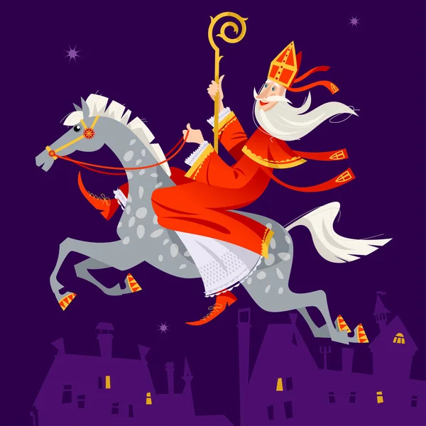 Санта Клаус Синтерклаас Ночью Ездит Лошади Городу Рождество Голландии — стоковый вектор
