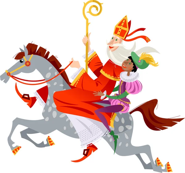 サンタクロース シンタクラース と彼のヘルパーは贈り物を提供するために馬に乗る オランダのクリスマス — ストックベクタ