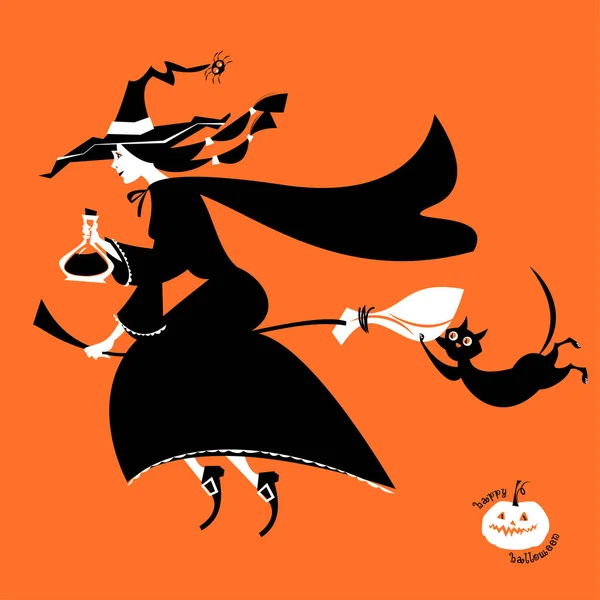 Witch Holding Magical Potion Flying Broom Happy Halloween — Stock Vector