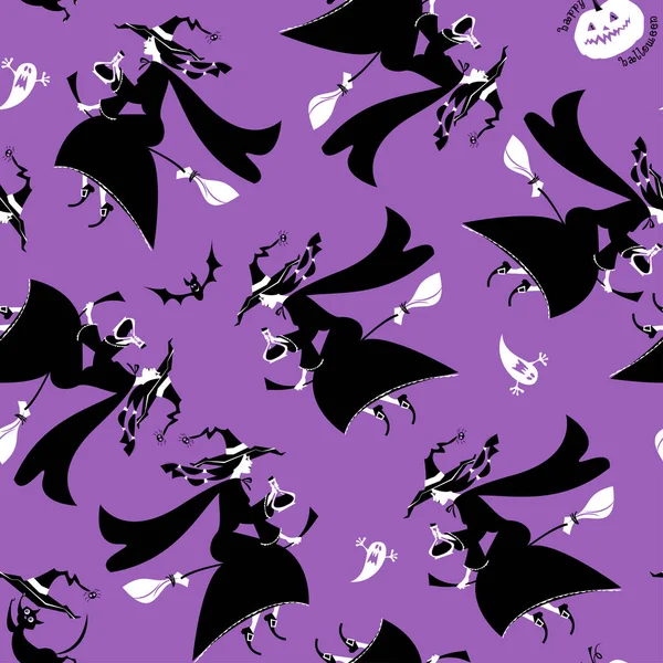 Bruja Sosteniendo Poción Mágica Volando Escoba Feliz Halloween Patrón Fondo — Archivo Imágenes Vectoriales