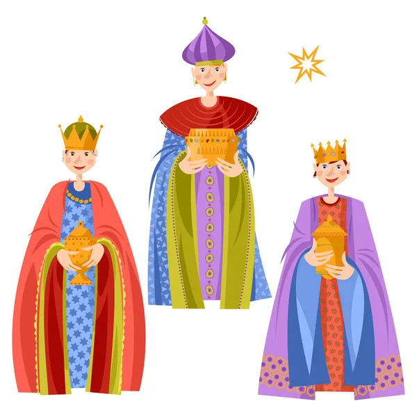 Niños Con Trajes Magos Bíblicos Tres Reyes Magos Tres Reyes — Archivo Imágenes Vectoriales