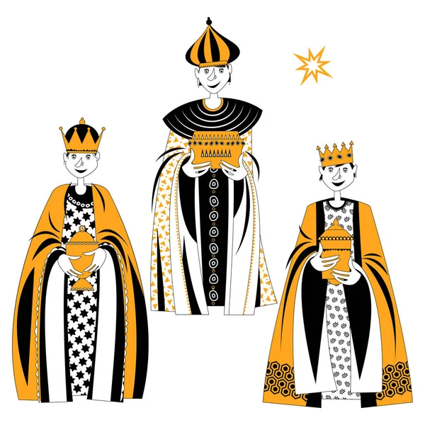 Дети Библейских Костюмах Магов Три Мудреца Три Короля Черное Белое — стоковый вектор