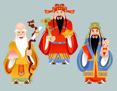 The Sanxing. Çin 'in üç şanslı tanrısı: Uzun Yaşam Tanrısı (Shou), Refah (Lu) ve Şans Tanrısı (Fu). 