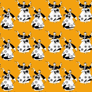 Geleneksel Kore dansı davul Janggu-chum ile. Siyah ve beyaz. Kusursuz arkaplan deseni. 