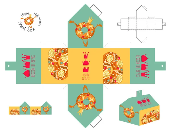 Schachtelschablone Mit Roscon Reyes Königskuchen Ausschneiden Spanisches Traditionelles Weihnachtsgebäck — Stockvektor
