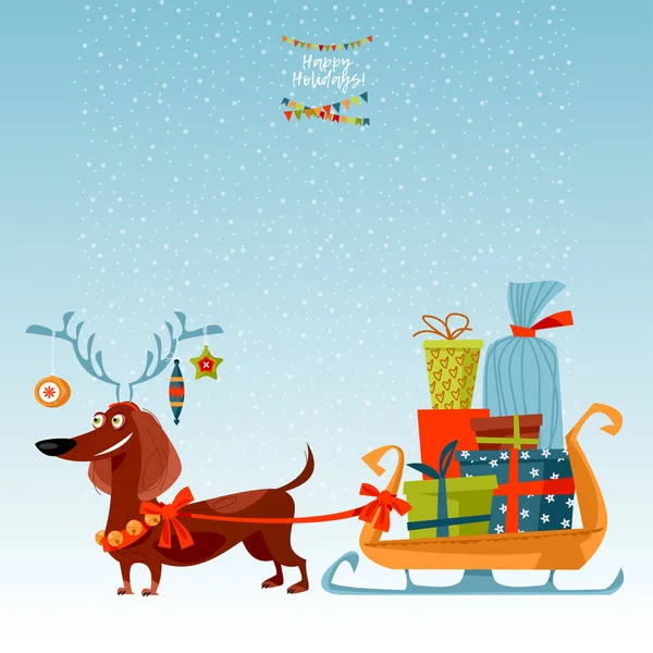 Dachshund Habillé Comme Cerf Porte Traîneau Avec Des Cadeaux Noël — Image vectorielle