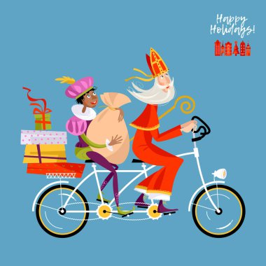 Hollanda 'da Noel. Sinterklaas ve yardımcısı iki tekerlekli bisikletle hediye dağıtıyorlar. Vektör illüstrasyonu.