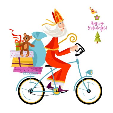 Noel Baba (Sinterklaas) hediyelerle bisiklete biner. Hollanda 'da Noel. Vektör illüstrasyonu.