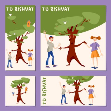 Yahudi bayramı için 4 evrensel kart seti Tu BiShvat (Ağaçların Yeni Yılı). Bir oğlan ve bir kız bir ağacı selamlıyor.. 