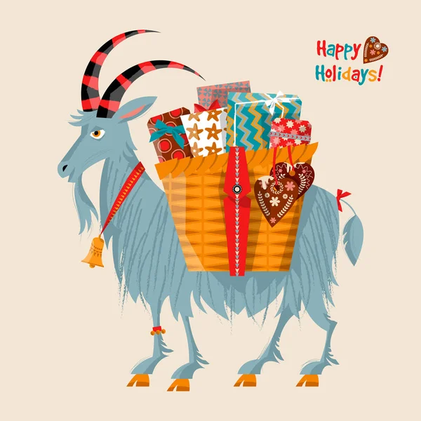 Tradition Scandinave Noël Chèvre Noël Symbole Noël Avec Panier Cadeau — Image vectorielle