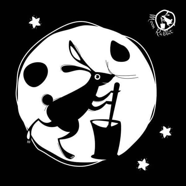 Лунный Кролик Осенний Фестиваль Черное Белое Векторная Иллюстрация — стоковый вектор
