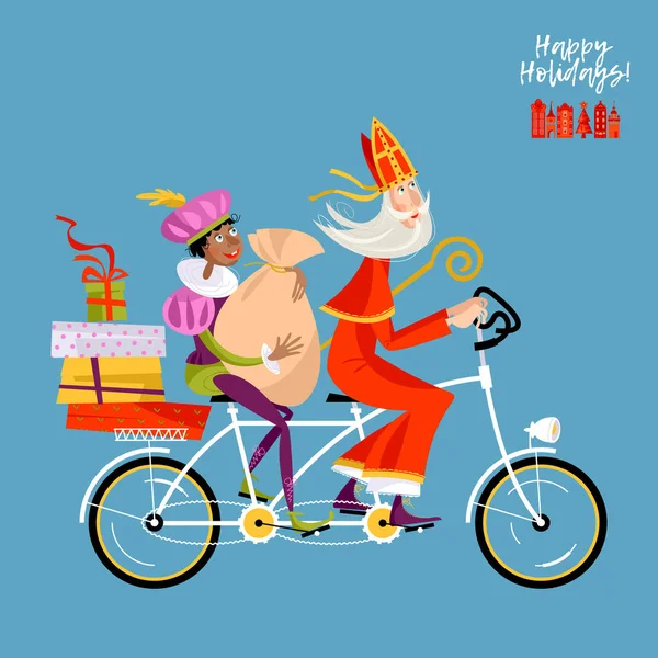 Navidad Holanda Sinterklaas Ayudante Entregan Regalos Una Bicicleta Tándem Ilustración — Archivo Imágenes Vectoriales